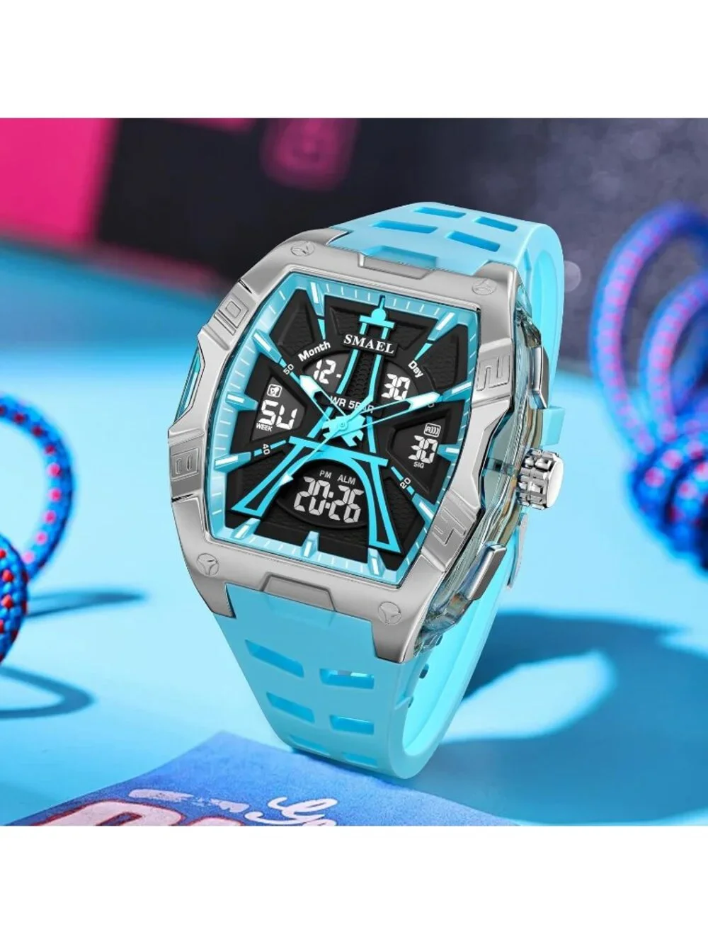 Men's Sky Blue Analog Quartz Waterproof Sports Classic Square LED Digital Watch